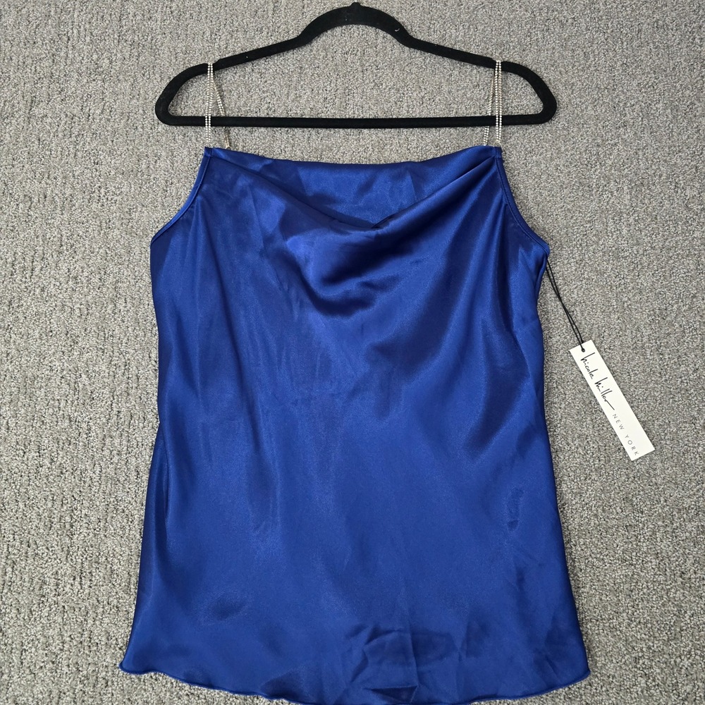 Nicole Miller NY Blue Satin Cowl Neck Rhinestone Strap Cami Top NWT M